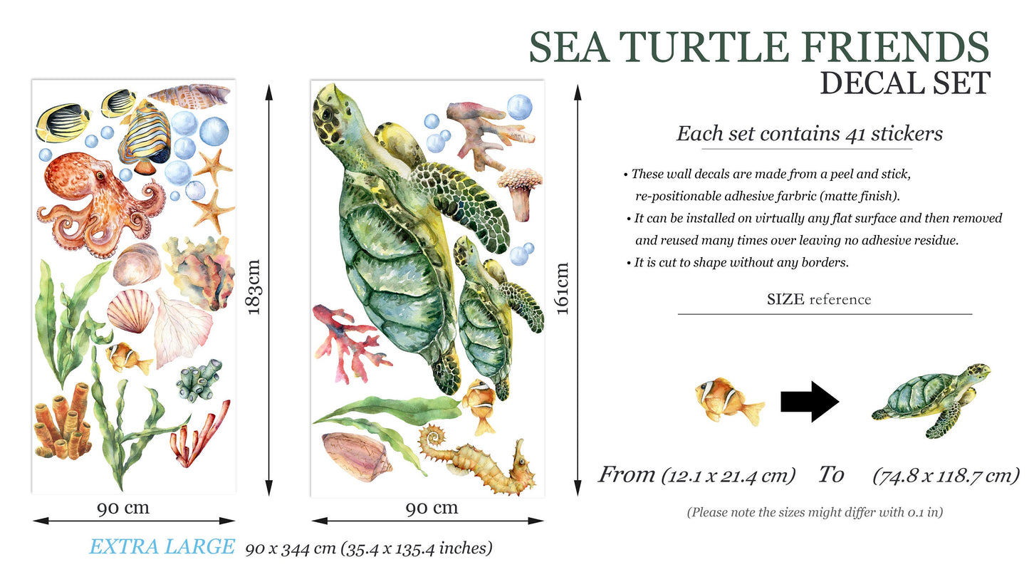 Underwater Adventure Wall Decal - Turtle Mom with Baby Swimming Among Octopus and Seahorse Friends - BR146