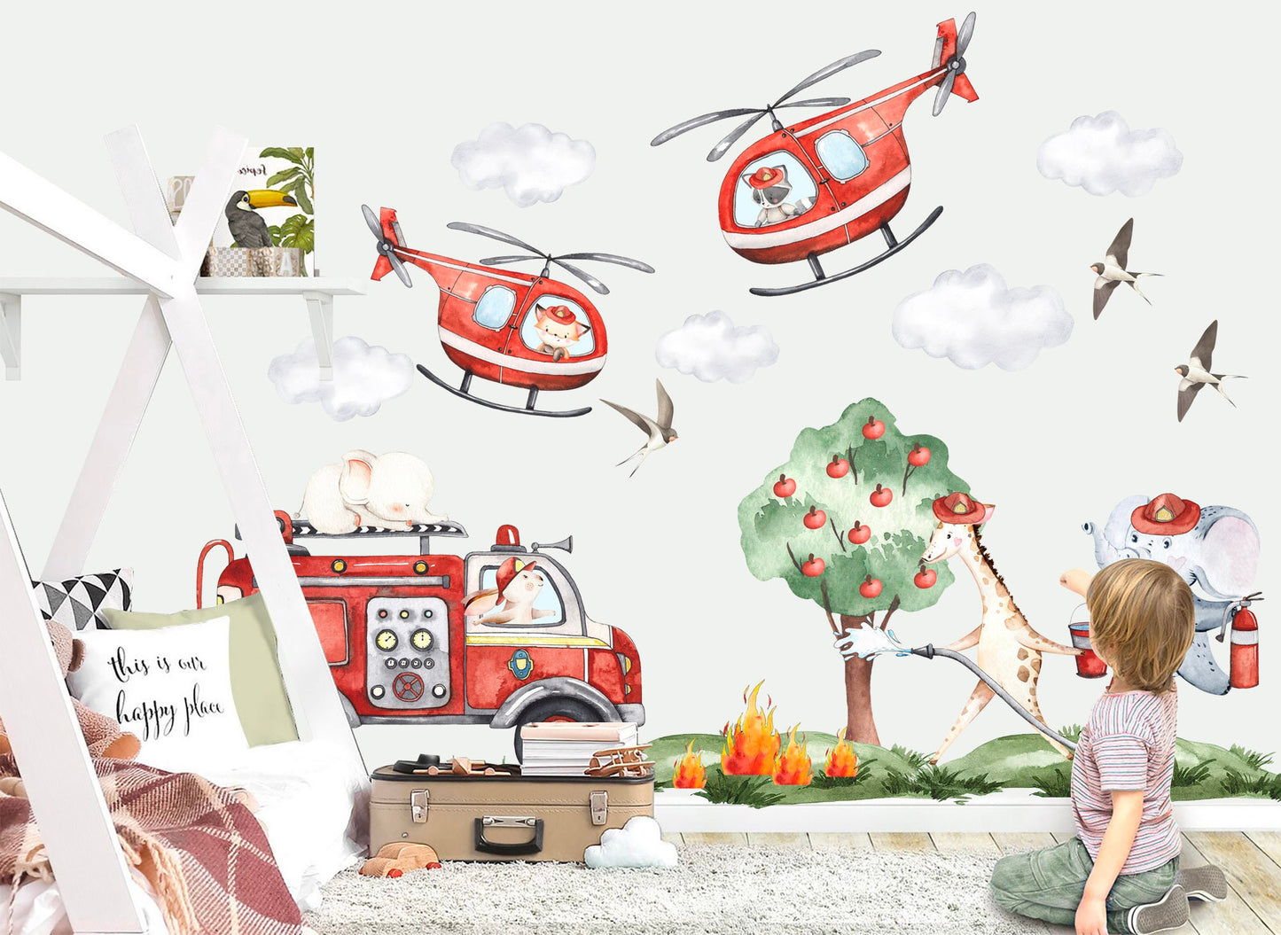 Animal Fire Brigade Rescue Fire Truck Helicopter Giraffe Elephant Wall Decal - BR318L