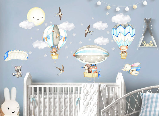 Adventurous Animal Babies Riding Air Balloons and Zeppelins in Celestial Sky Wall Decal - hedgehog raccoon fox - BR319