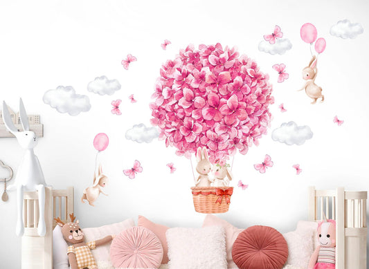 Bunny in Flower Balloon Wall Decal - Floral Surrounding, Watercolor Style - Girls' Room Decor -  BR320