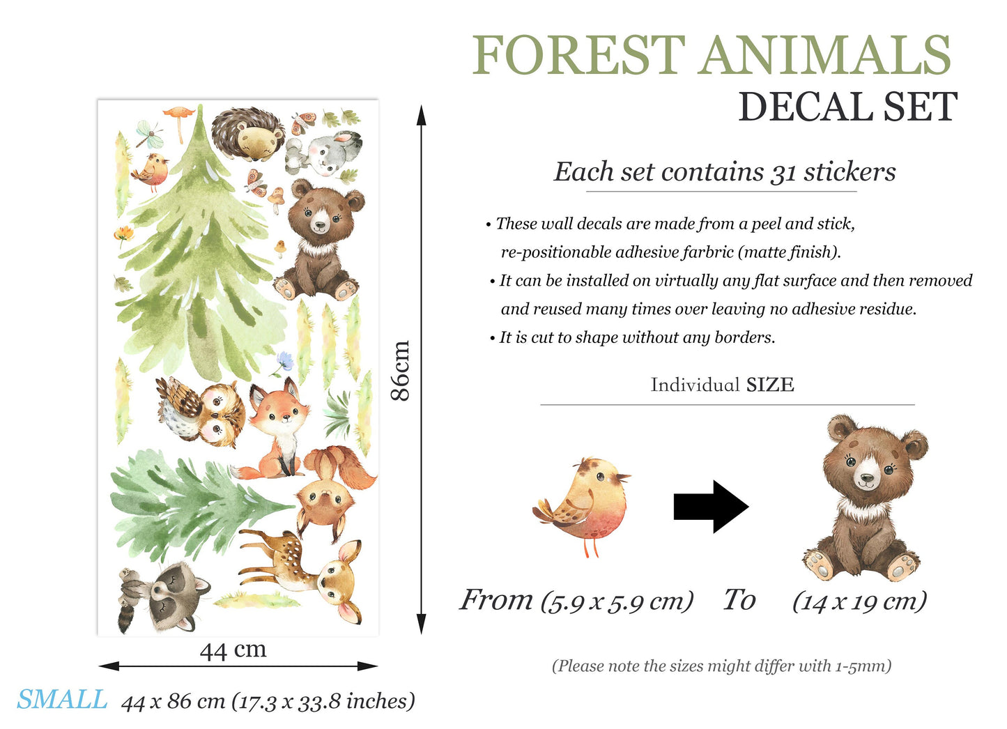 Forest Babies Animals Removable Wall Decal - Fox Rabbit Bear Deer Racoon Owl - BR323