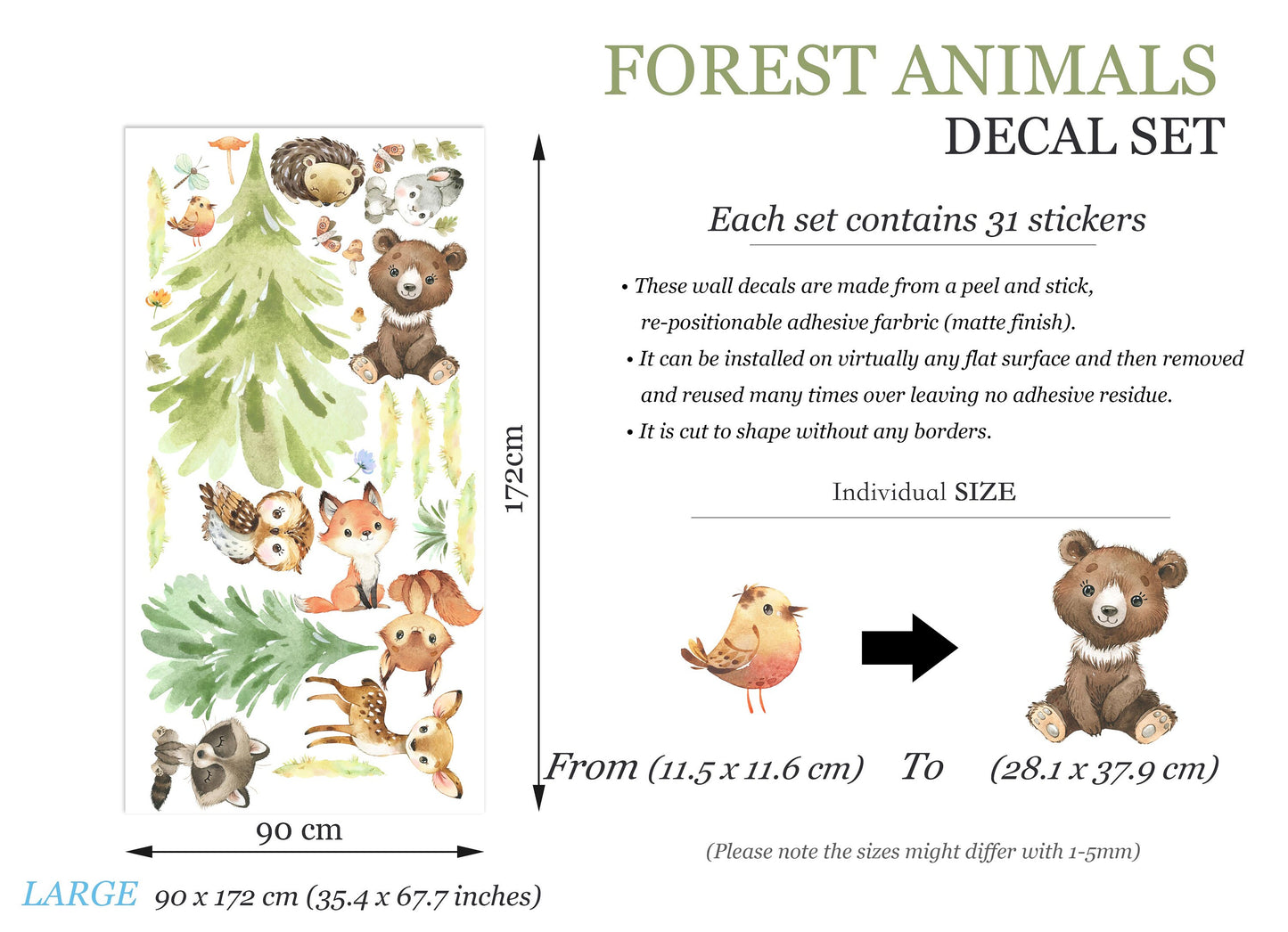 Forest Babies Animals Removable Wall Decal - Fox Rabbit Bear Deer Racoon Owl - BR323