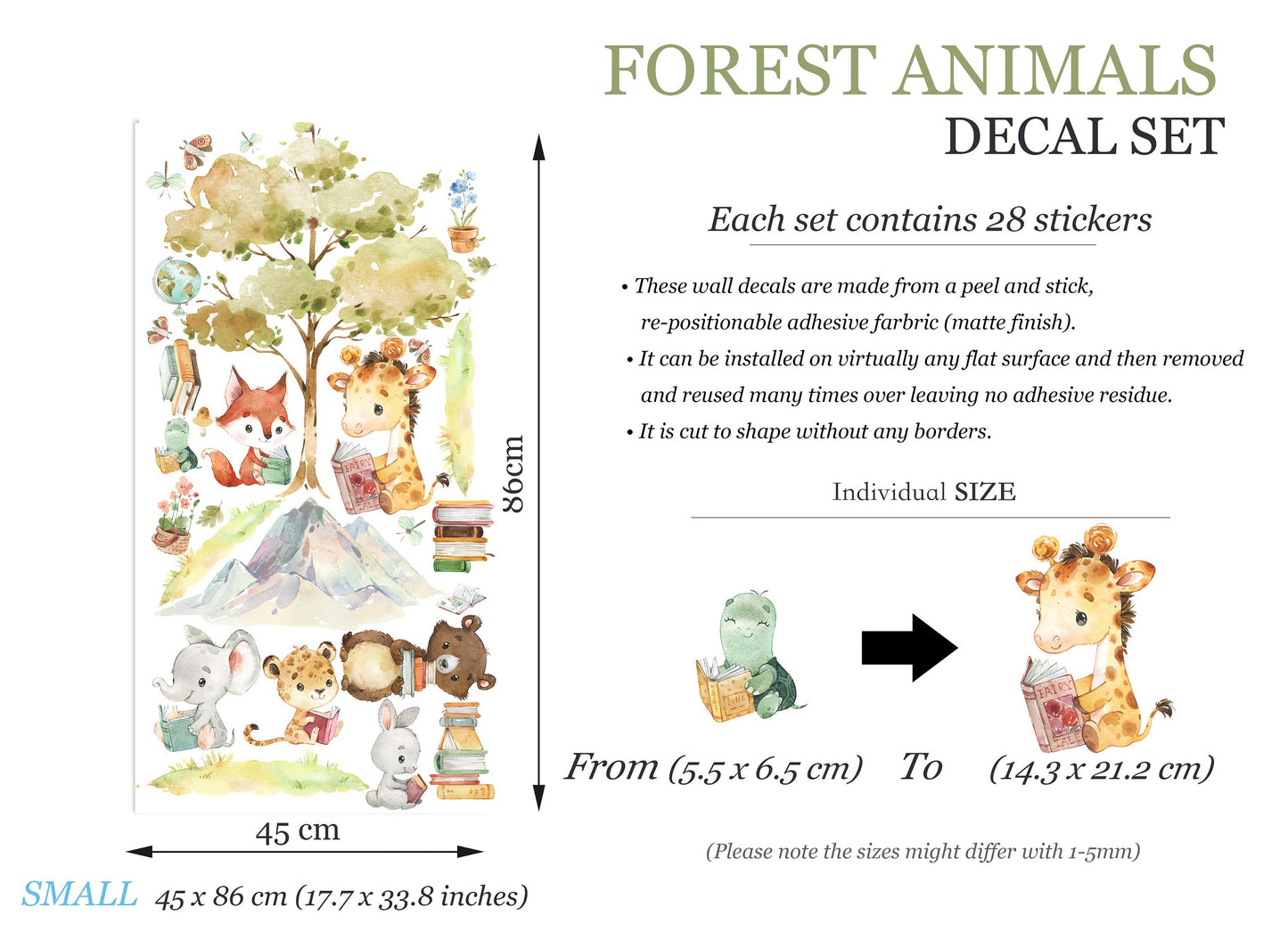 Safari Animals Learning Adventure Wall Decal - Giraffes Leopards Elephants Foxes - BR324