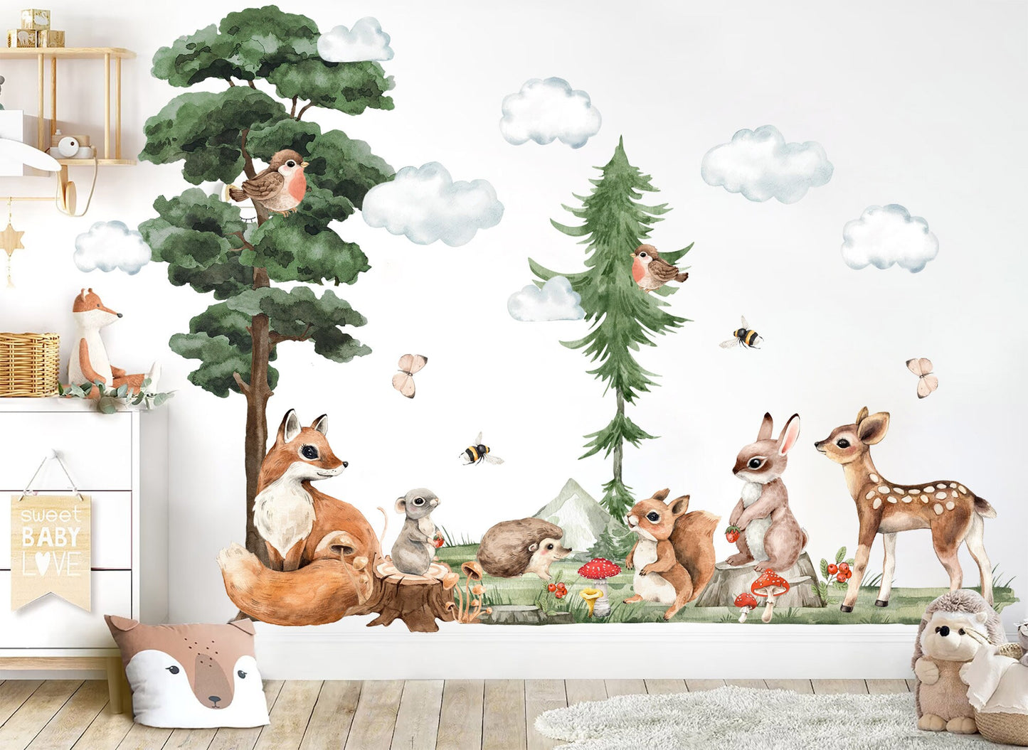 Woodland Baby Animals Cartoon Forest Wall Decal - Bunny Squirrel Fox Deer Bird Hedgehog - BR332