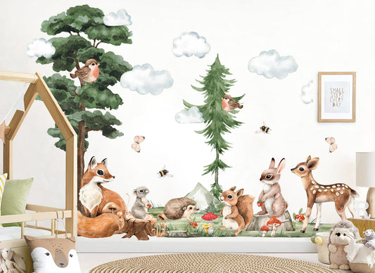 Woodland Baby Animals Cartoon Forest Wall Decal - Bunny Squirrel Fox Deer Bird Hedgehog - BR332