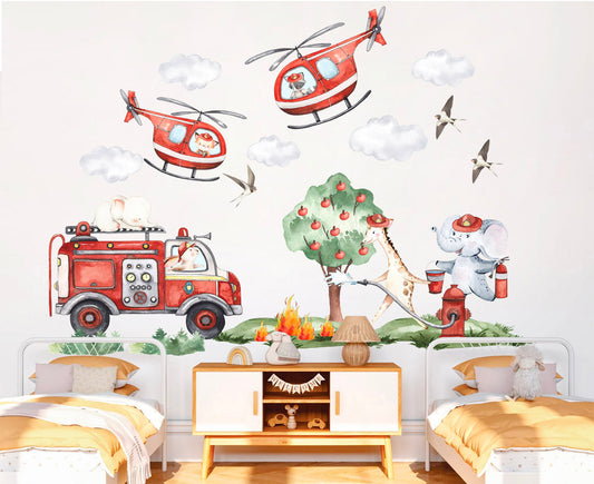 Animal Fire Brigade Rescue Fire Truck Helicopter Giraffe Elephant Wall Decal - BR318L