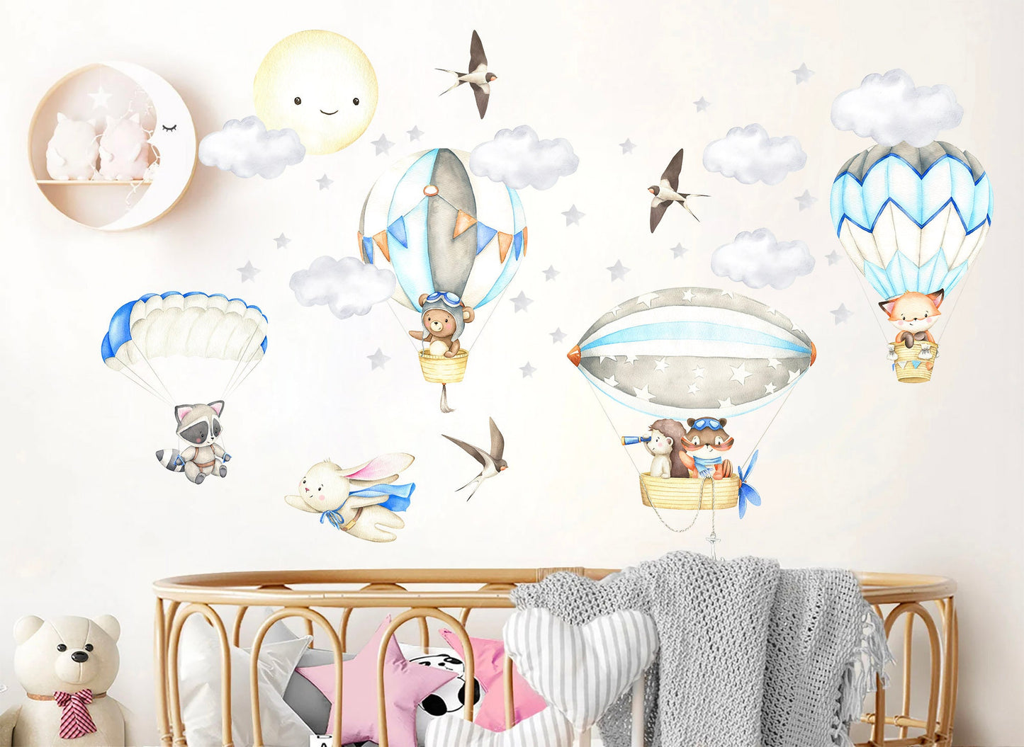 Adventurous Animal Babies Riding Air Balloons and Zeppelins in Celestial Sky Wall Decal - hedgehog raccoon fox - BR319