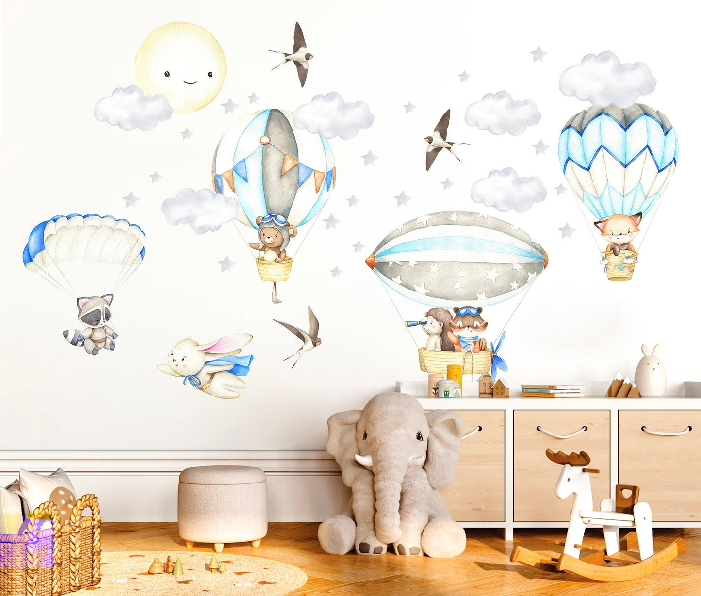 Adventurous Animal Babies Riding Air Balloons and Zeppelins in Celestial Sky Wall Decal - hedgehog raccoon fox - BR319