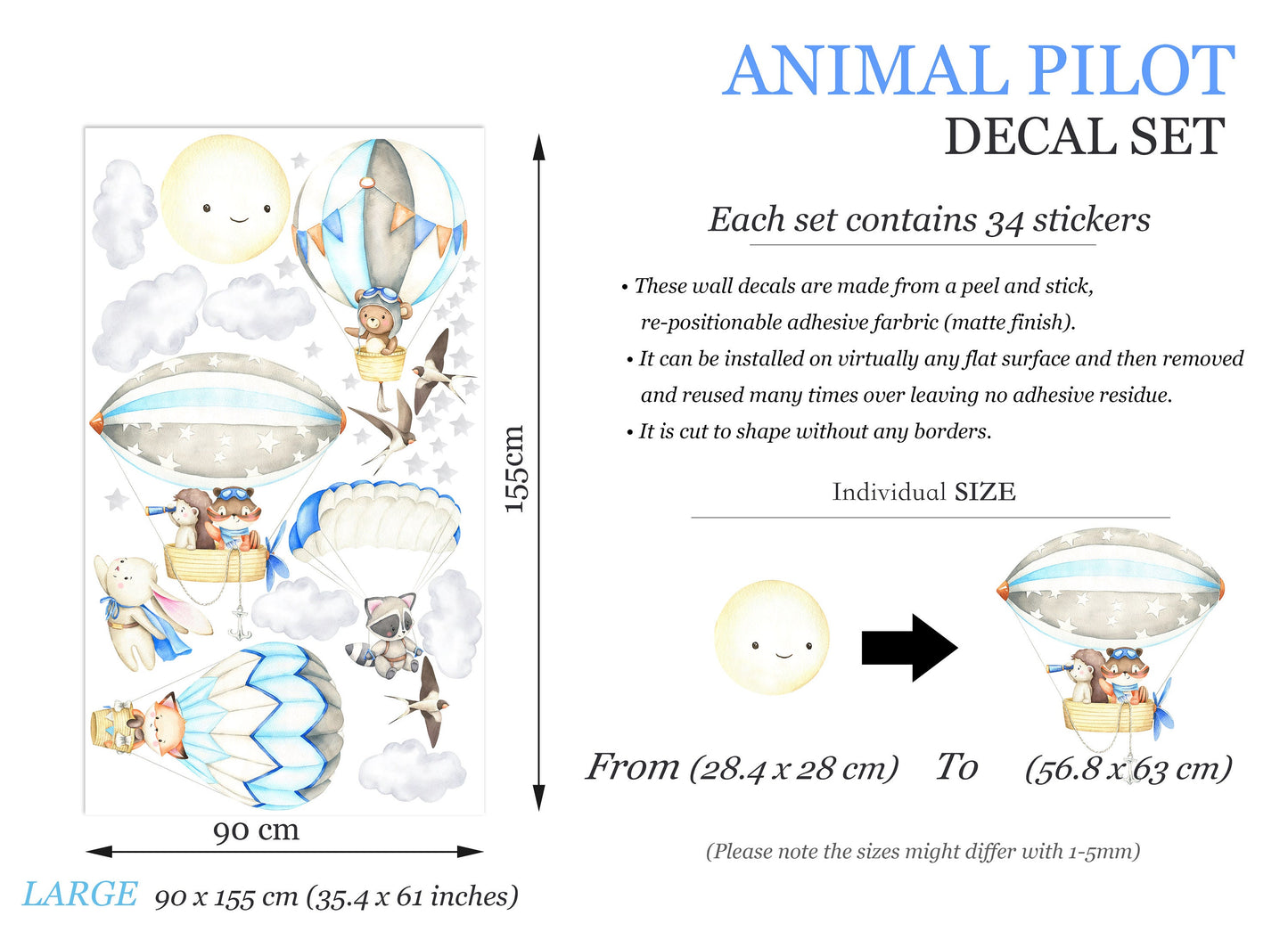 Adventurous Animal Babies Riding Air Balloons and Zeppelins in Celestial Sky Wall Decal - hedgehog raccoon fox - BR319