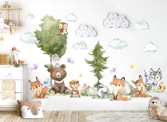 Woodland Babies Sitting on Tree and Mountain Wall Decal - Little Bear Deer Wolf Racoon Owl Fox - BR325