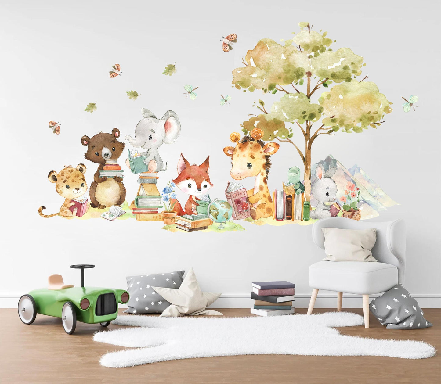 Safari Animals Learning Adventure Wall Decal - Giraffes Leopards Elephants Foxes - BR324