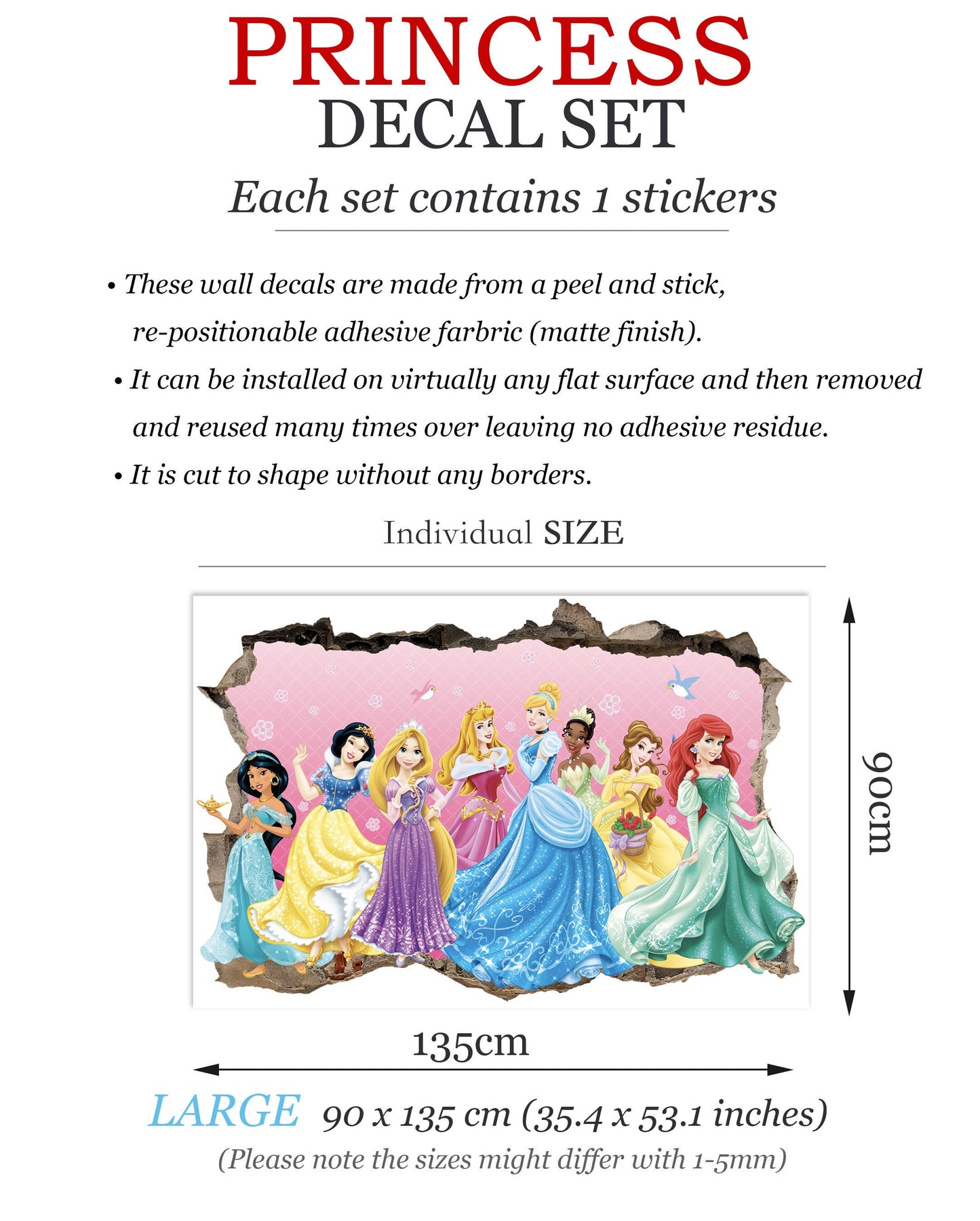 Enchanted Princesses: 3D Wall Decal with Beautiful Broken Wall Backdrop - BR339