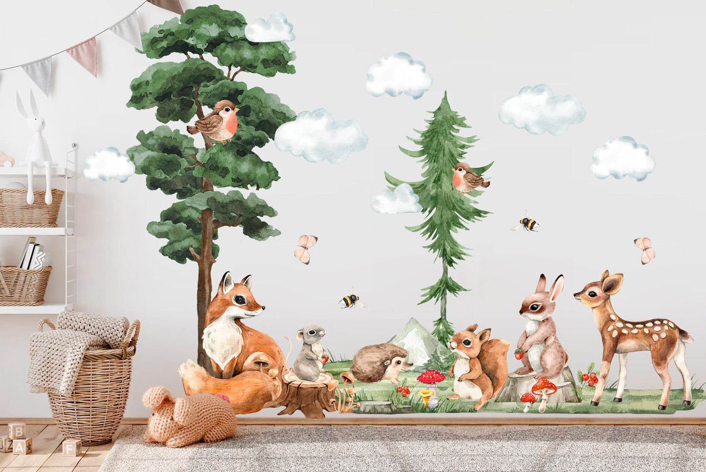 Woodland Baby Animals Cartoon Forest Wall Decal - Bunny Squirrel Fox Deer Bird Hedgehog - BR332