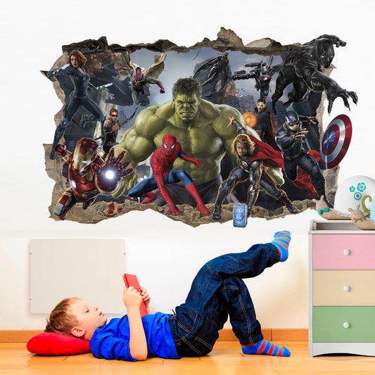 Hulk Leading Marvel Universe Superheroes Smashing Through Wall Decal - BR343