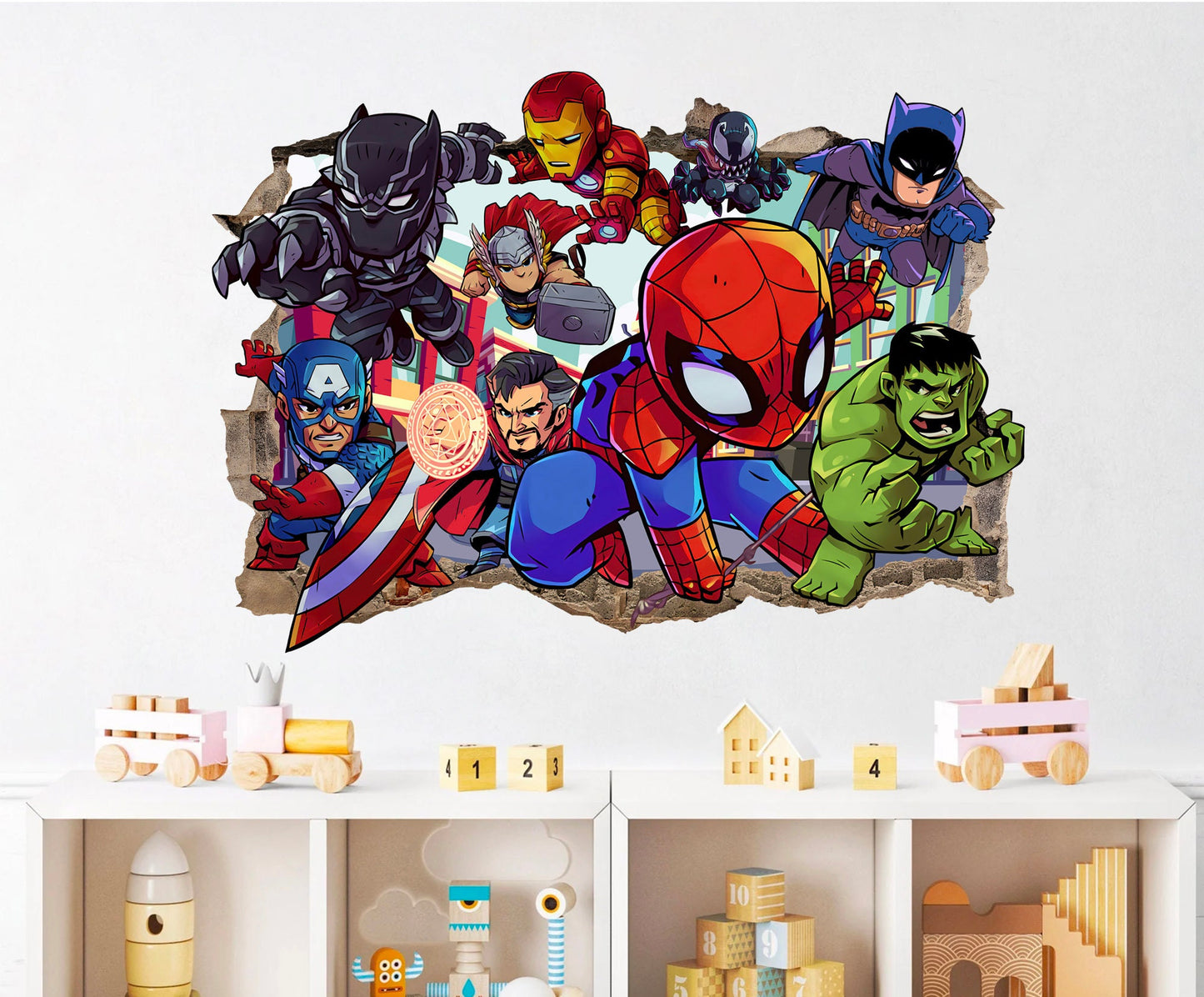Bursting Avengers Super heroes Spiderman Iron Man Hulk Captain America 3D Smashed Wall Decal - BR344