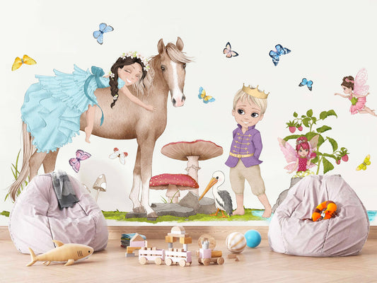 Prince and Princess Riding Wall Decal - Fairy and Red Mushrooms - Girls' Room Decor - BR348