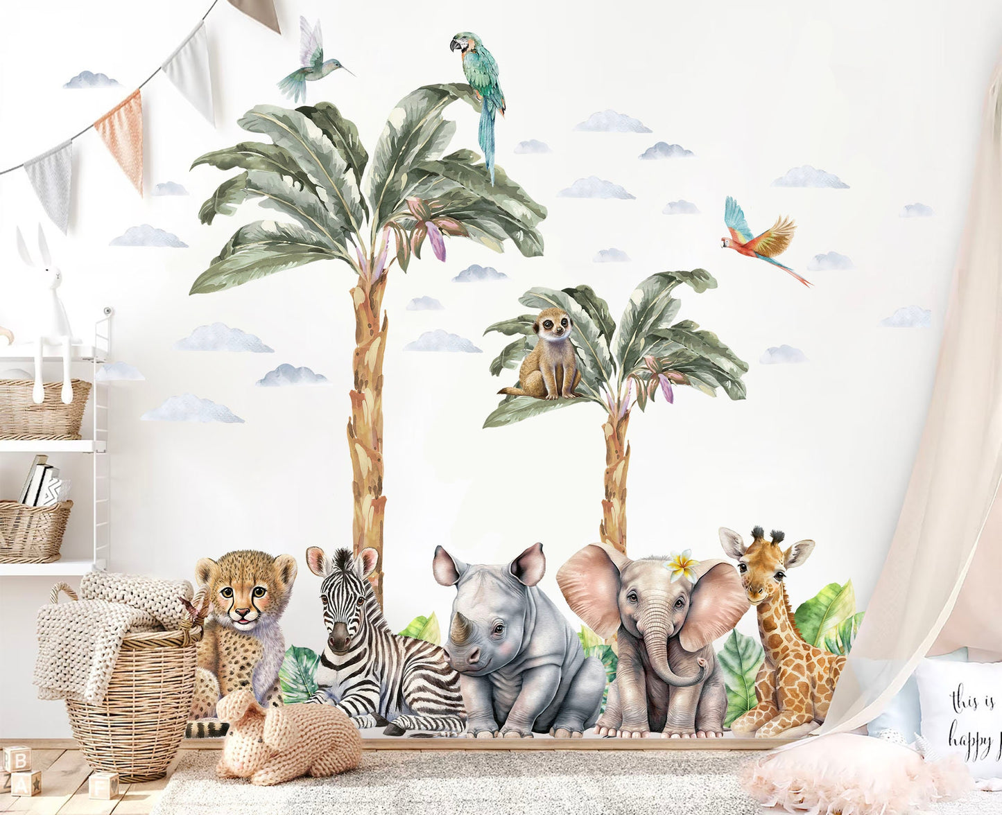 Baby Safari Animals Surrounded by Palm Leaves Wall Decal - Zebra, Giraffe, Elephant, Hippo, Lion - BR356