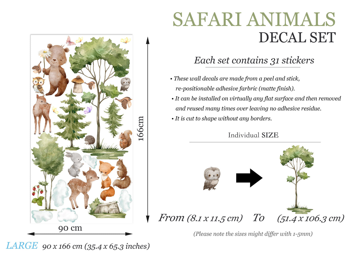 Forest Friends Nursery Wall Decal - Bear Little Deer Owl Fox Squirrel - BR365