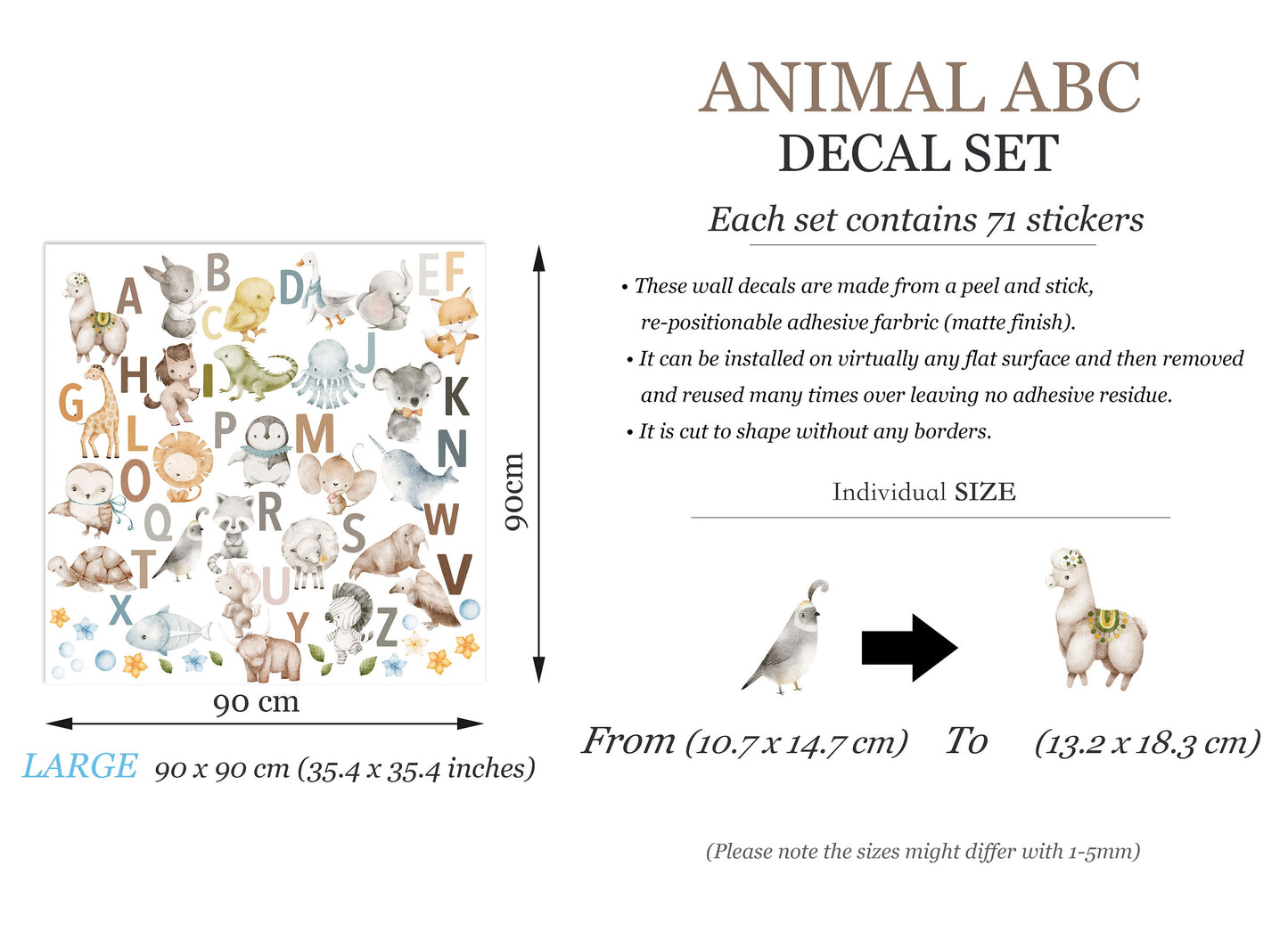 Animal Alphabet Decals - A to Z Wildlife Initials Wall Decal - Peel and Stick Removable - BR370