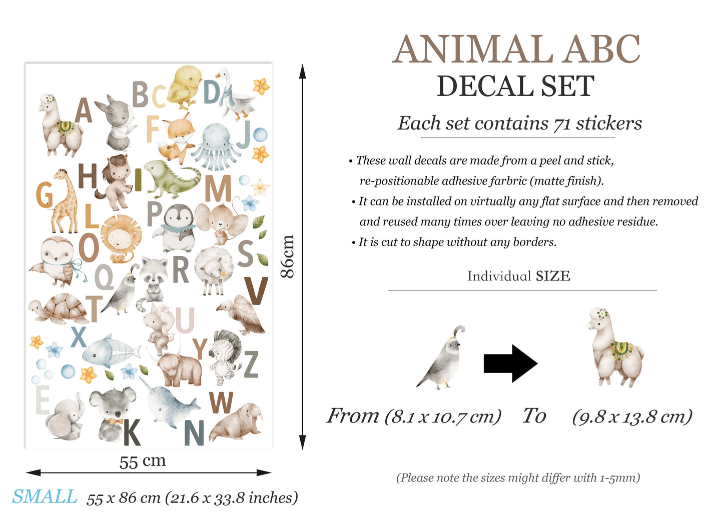 Animal Alphabet Decals - A to Z Wildlife Initials Wall Decal - Peel and Stick Removable - BR370