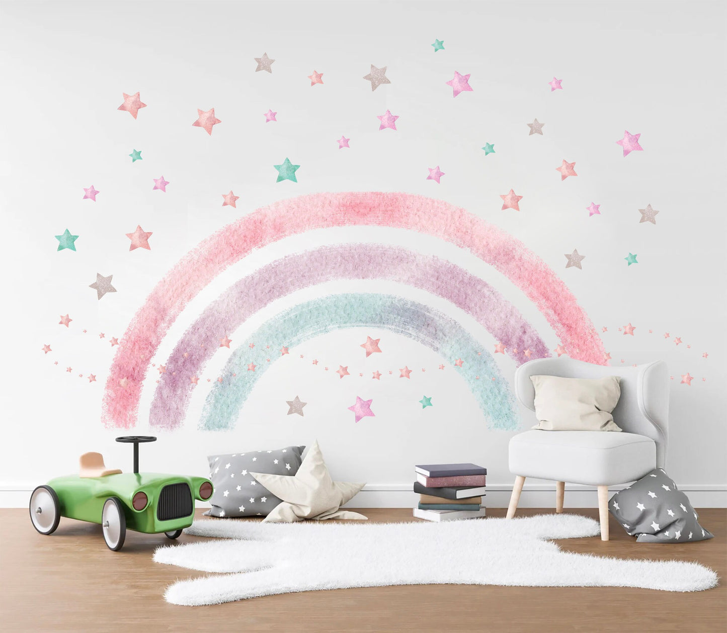 Rainbow Star over Bed Removable Wall Fabric Decal - Girl Room Decor Gift - BR374