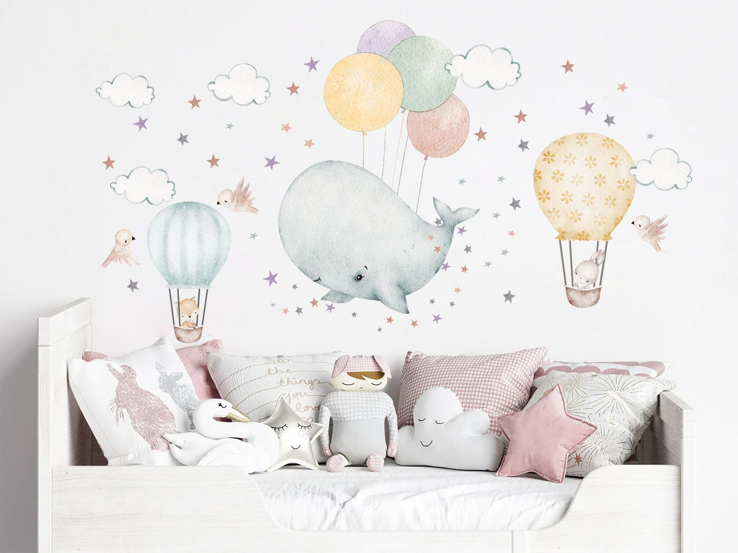 Watercolor Whale Baby Flying with Balloons Sky Adventure Removable Nursery Wall Decal - BR377