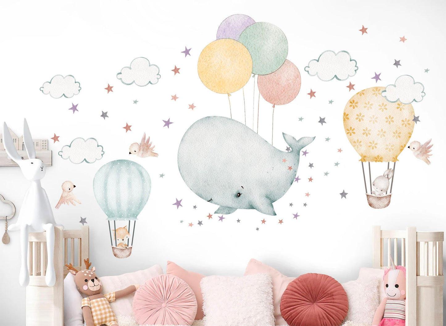 Watercolor Whale Baby Flying with Balloons Sky Adventure Removable Nursery Wall Decal - BR377