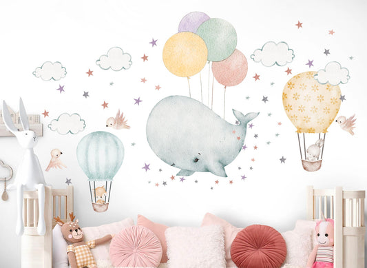 Watercolor Whale Baby Flying with Balloons Sky Adventure Removable Nursery Wall Decal - BR377