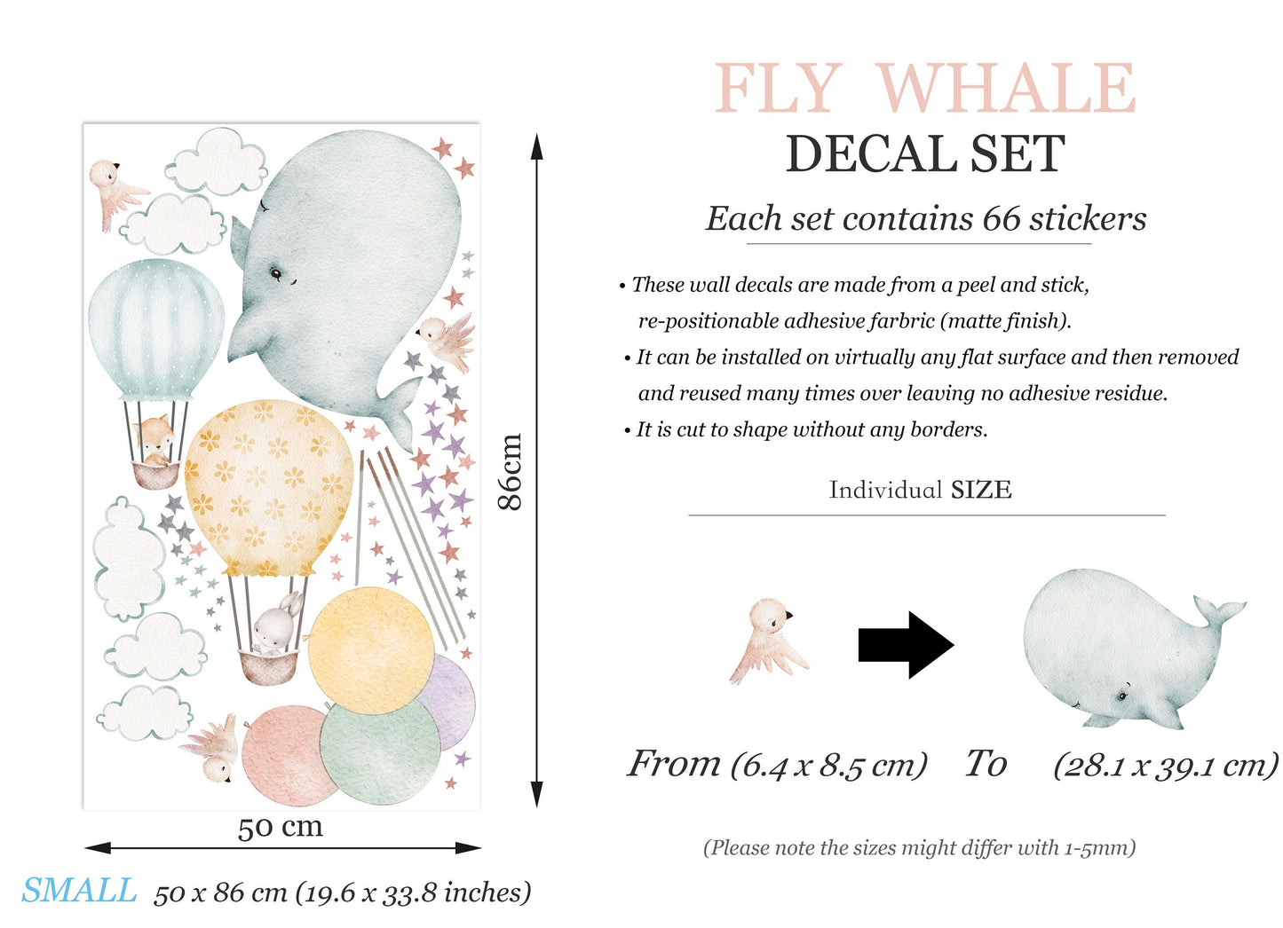 Watercolor Whale Baby Flying with Balloons Sky Adventure Removable Nursery Wall Decal - BR377