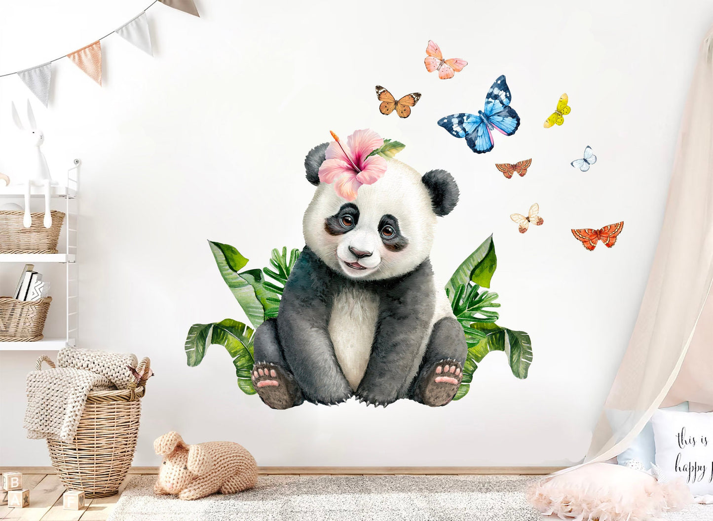 Floral Crown Panda Jungle Wall Decal - Adorable Butterfly Decor - BR357