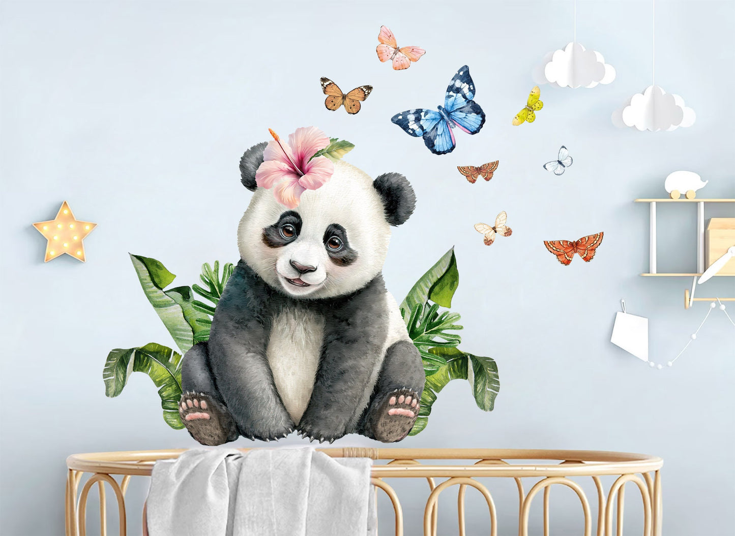 Floral Crown Panda Jungle Wall Decal - Adorable Butterfly Decor - BR357