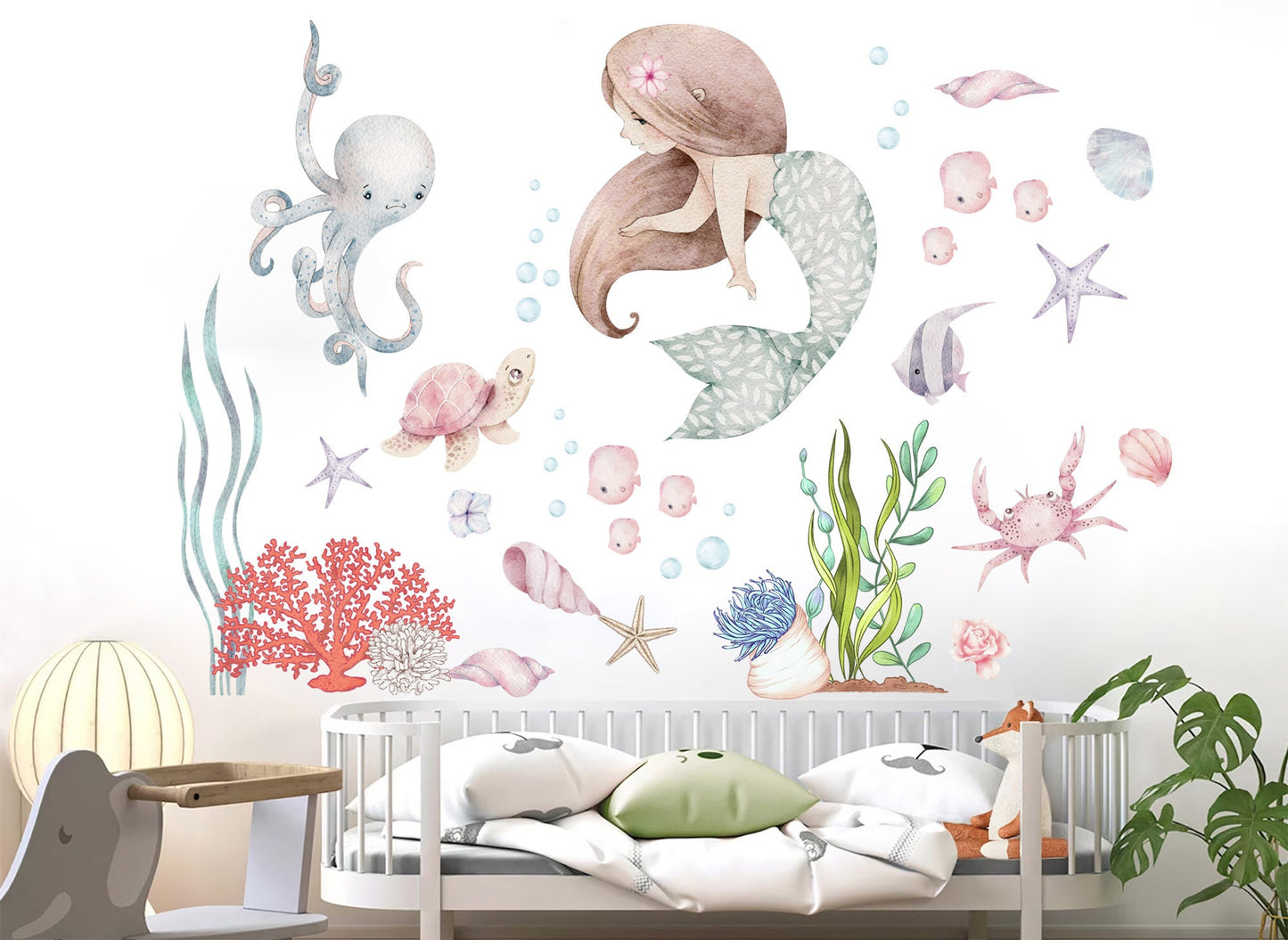 Undersea Mermaid Wall Decals - Playful Watercolor Ocean Nursery Decor - BR363