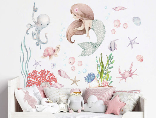 Undersea Mermaid Wall Decals - Playful Watercolor Ocean Nursery Decor - BR363