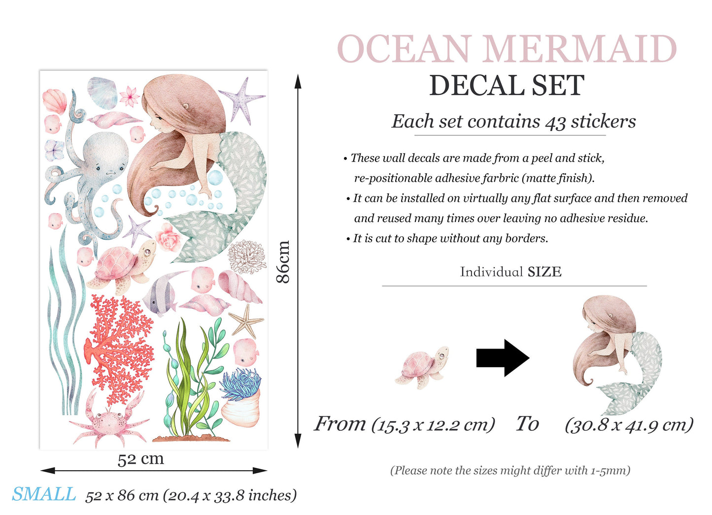 Undersea Mermaid Wall Decals - Playful Watercolor Ocean Nursery Decor - BR363