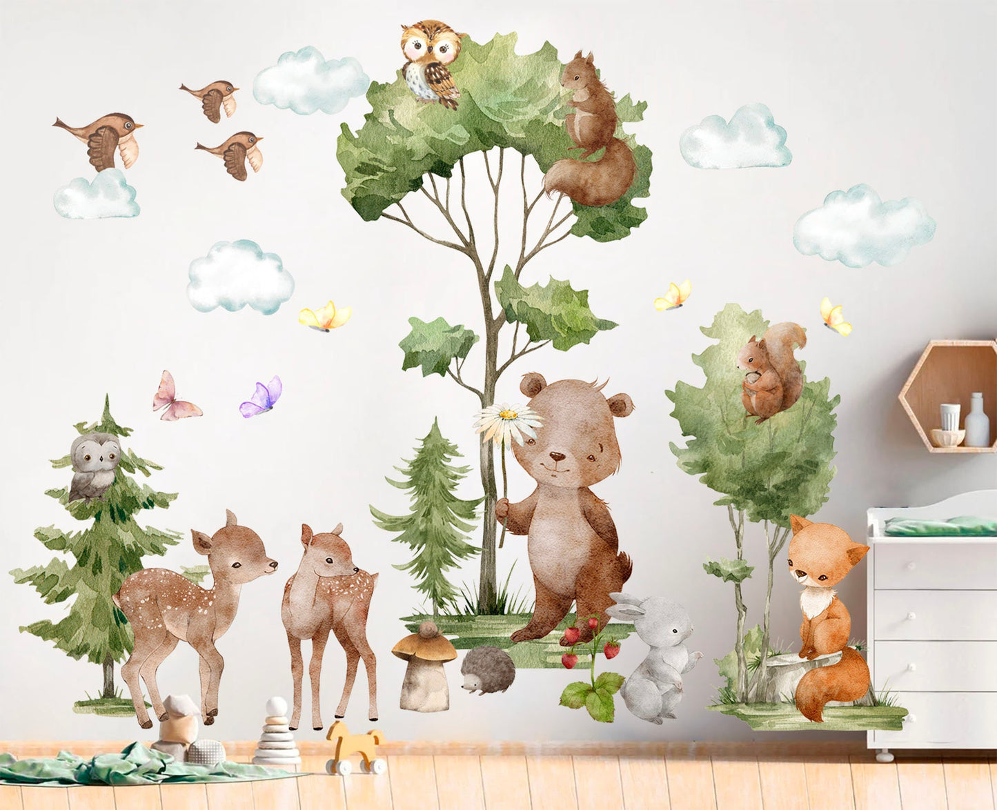 Forest Friends Nursery Wall Decal - Bear Little Deer Owl Fox Squirrel - BR365