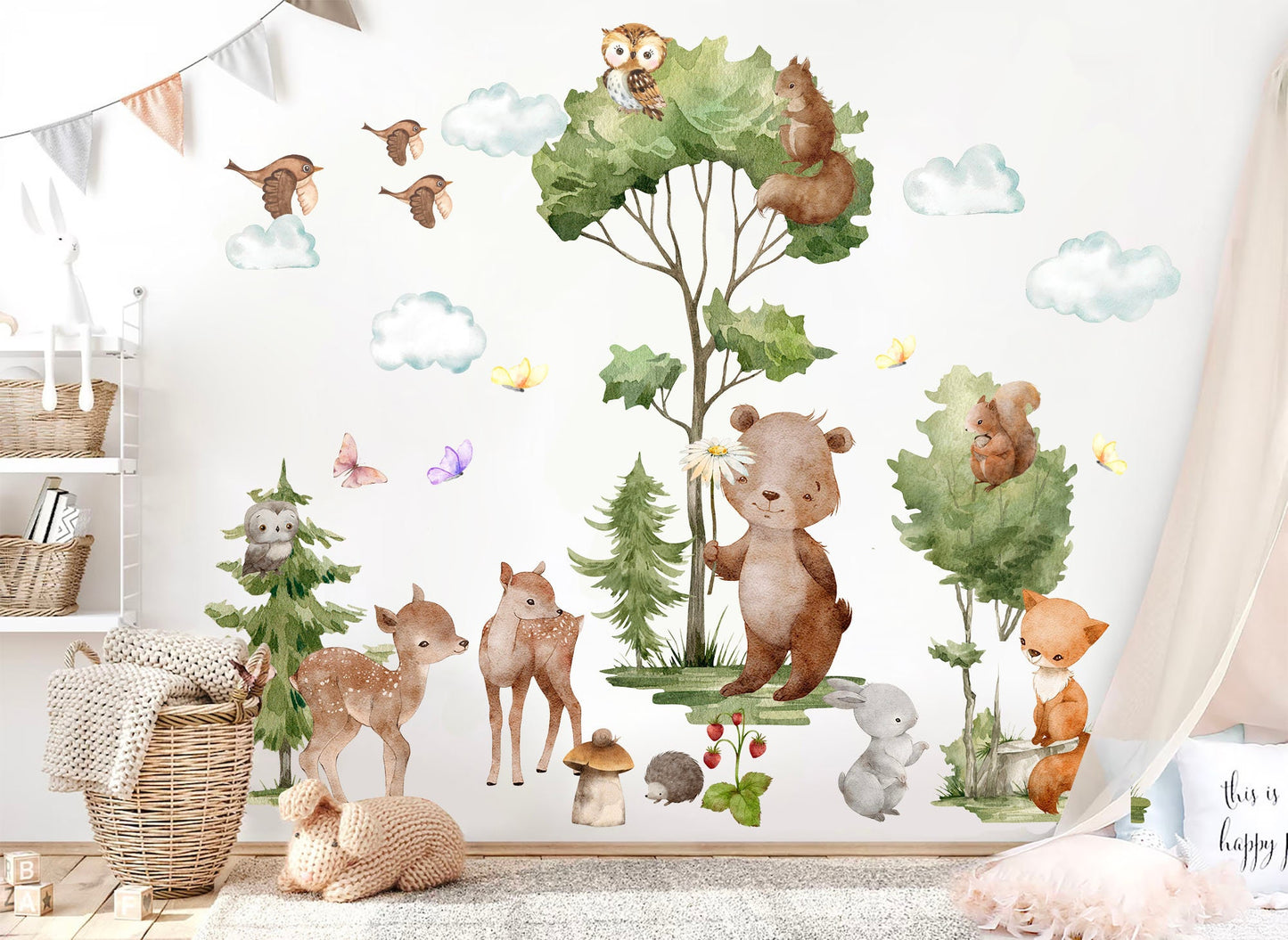 Forest Friends Nursery Wall Decal - Bear Little Deer Owl Fox Squirrel - BR365
