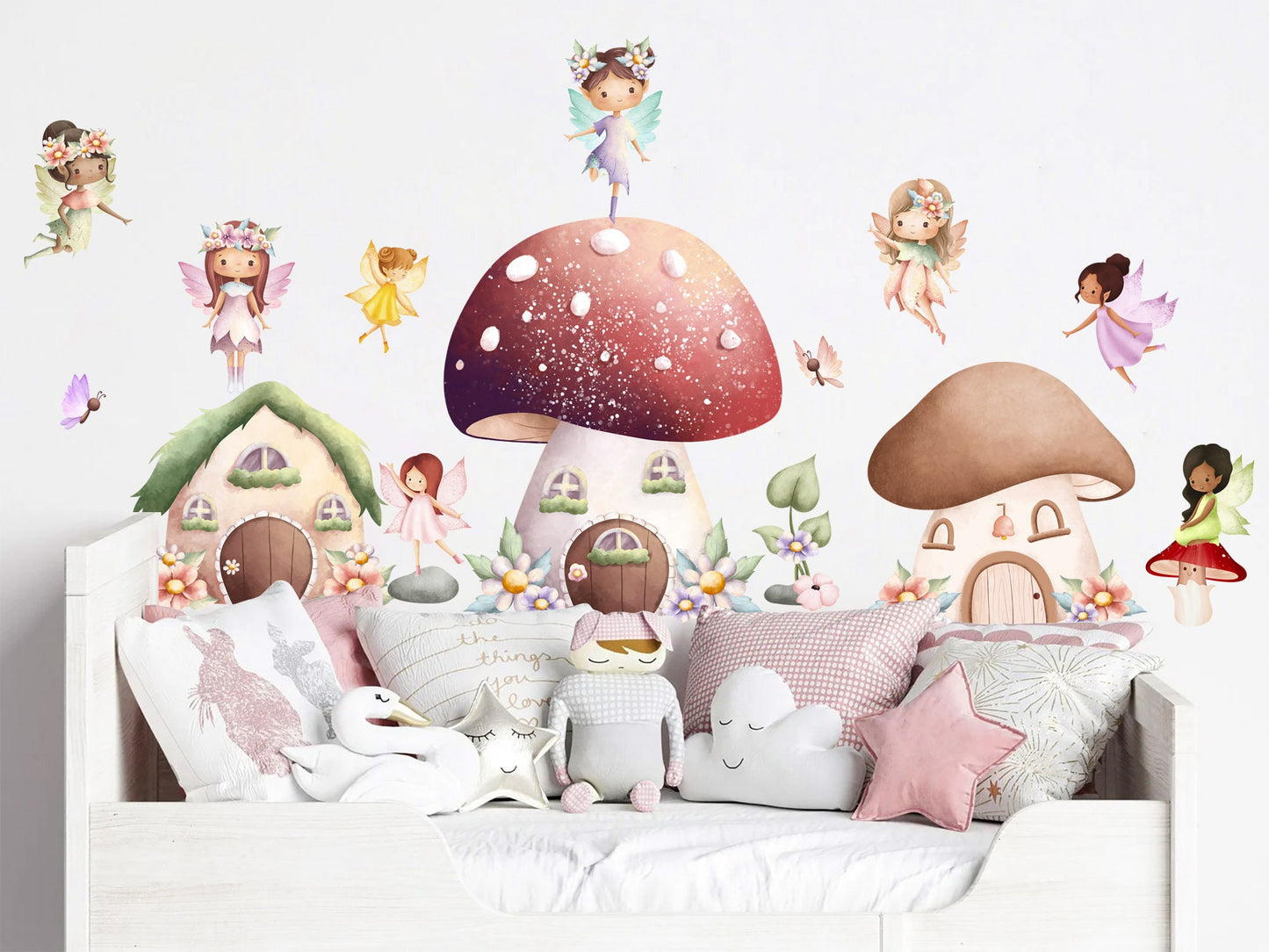 Enchanting Fairy Blossom Wall Decals Set- Tree Mushroom House - Removable Peel and Stick - BR379