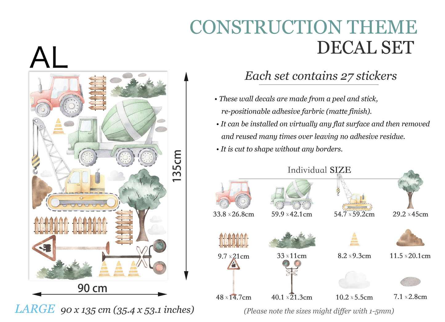 Country Style Construction Trucks Tractors Diggers Removable Wall Decal Boys Room Gift - BR097