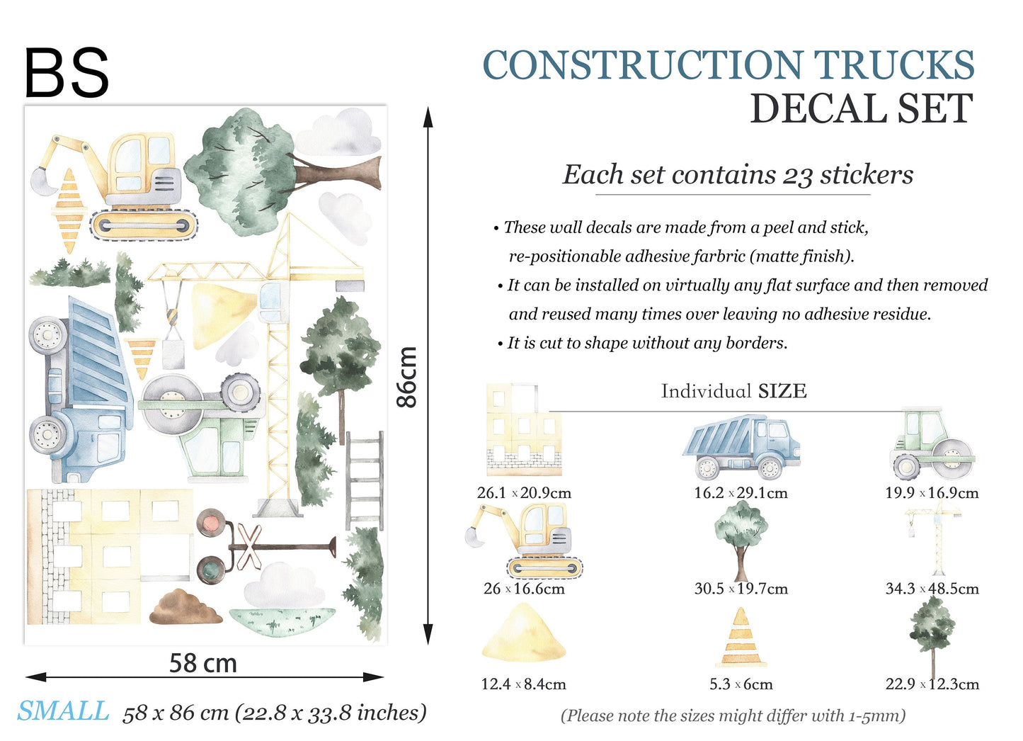 Country Style Construction Trucks Tractors Diggers Removable Wall Decal Boys Room Gift - BR097