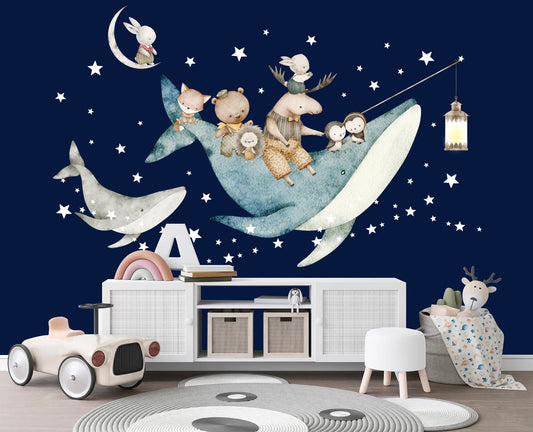 Undersea Wonderland Wall Decal - Forest Animals Flying Explore with Whales - Nursery Decor - BR371