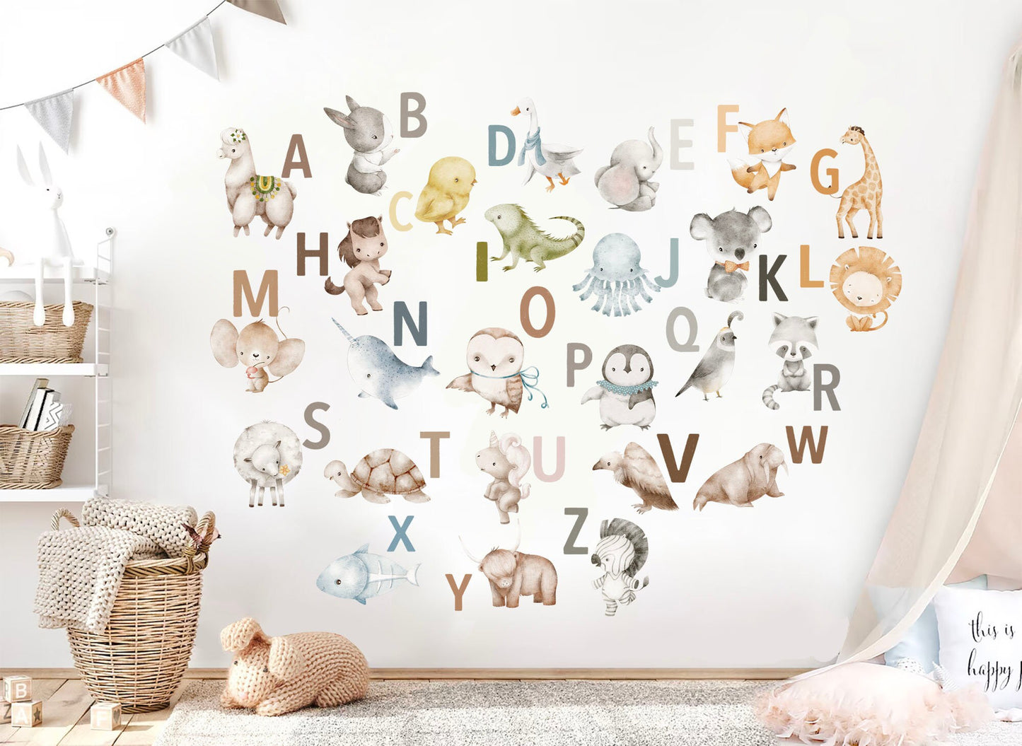 Animal Alphabet Decals - A to Z Wildlife Initials Wall Decal - Peel and Stick Removable - BR370