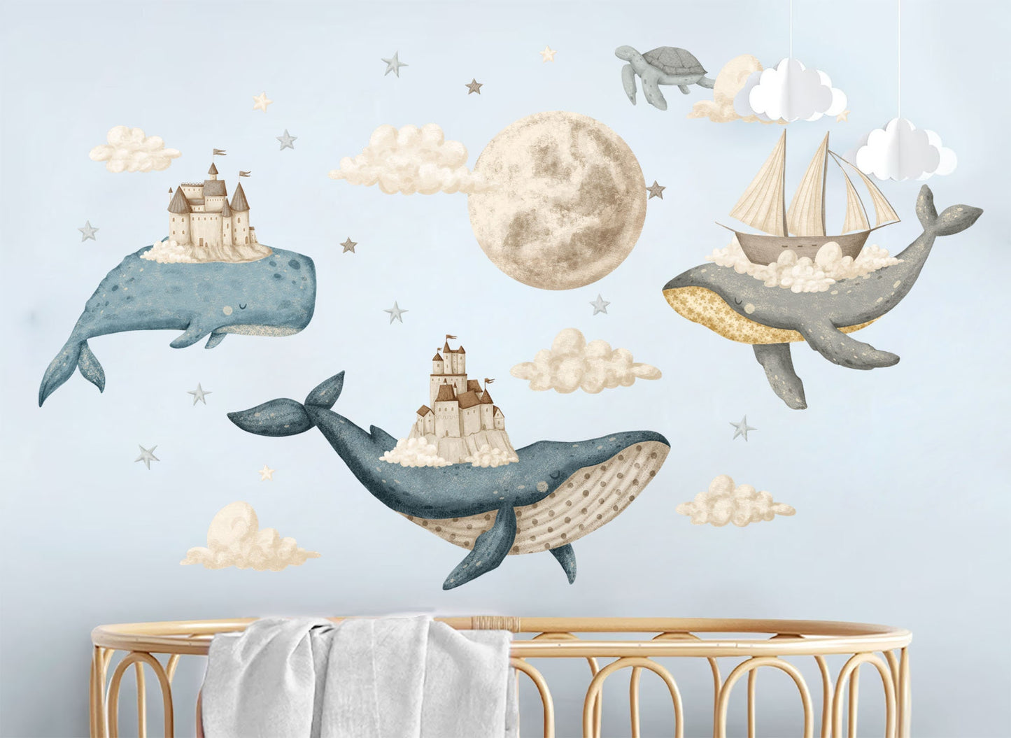 Whimsical Whale Sky Castle Wall Decal - Watercolor Moon Room Decor - BR385