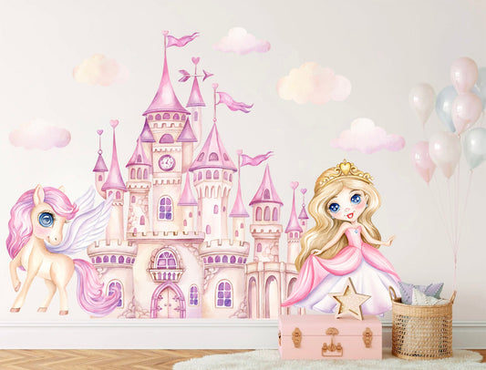 Enchanting Princess Castle & Unicorn Wall Decal for Girls' Room - BR387