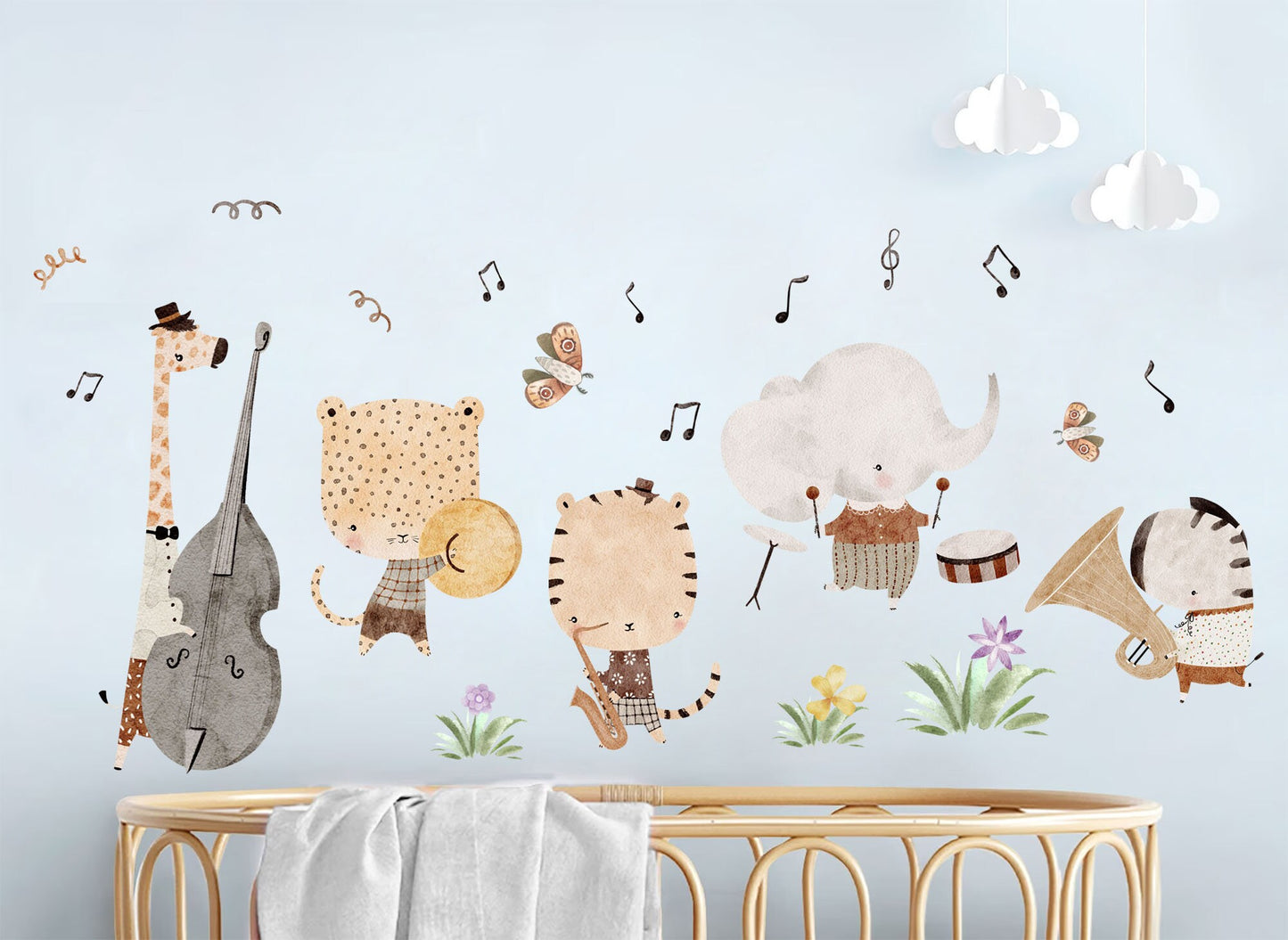 Animal Orchestra Grassland Wall Decal - Giraffe Playing Cello, Elephant Drummer and more - BR376