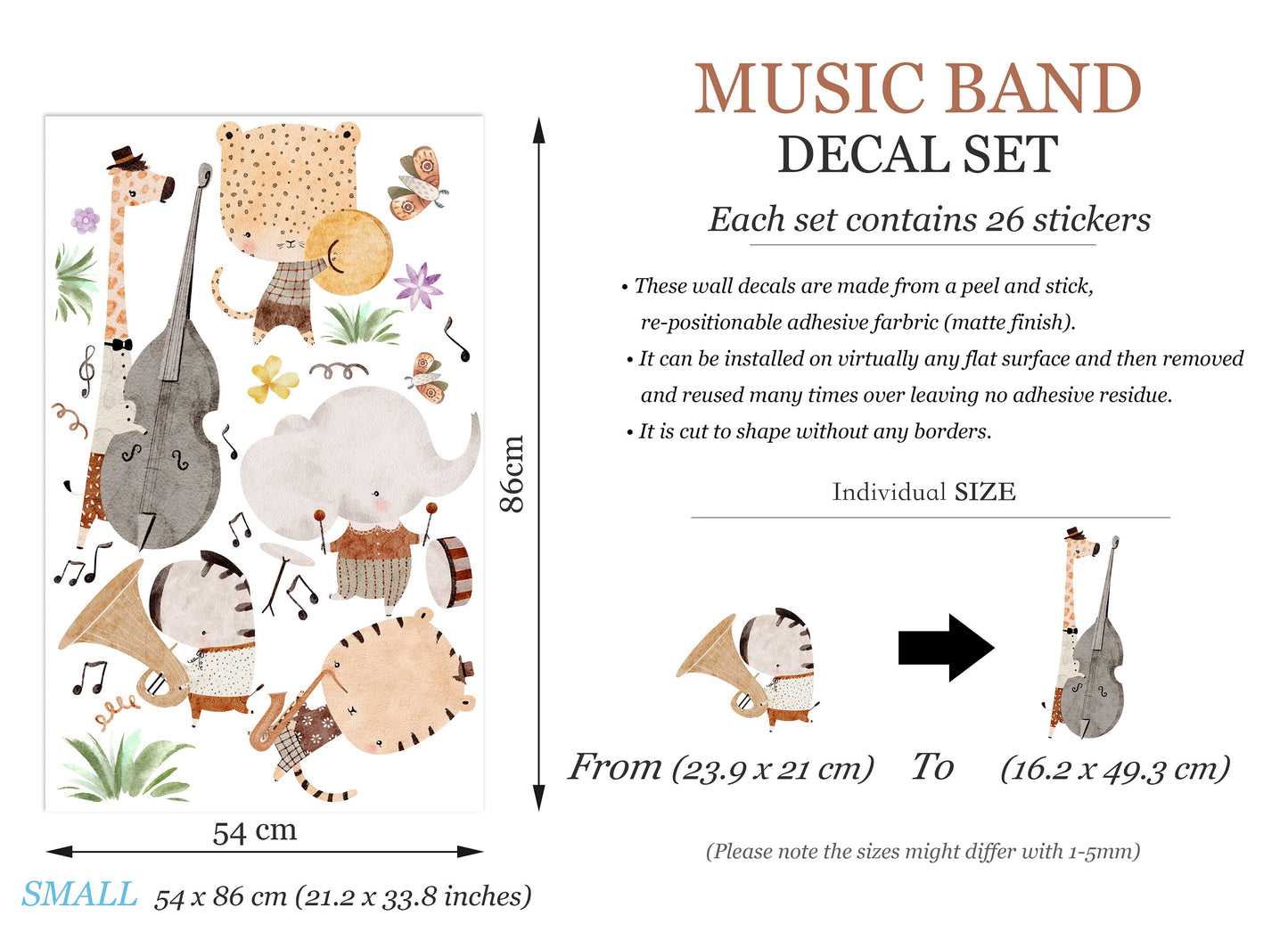 Animal Orchestra Grassland Wall Decal - Giraffe Playing Cello, Elephant Drummer and more - BR376
