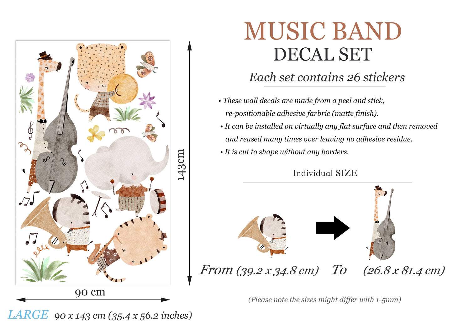 Animal Orchestra Grassland Wall Decal - Giraffe Playing Cello, Elephant Drummer and more - BR376