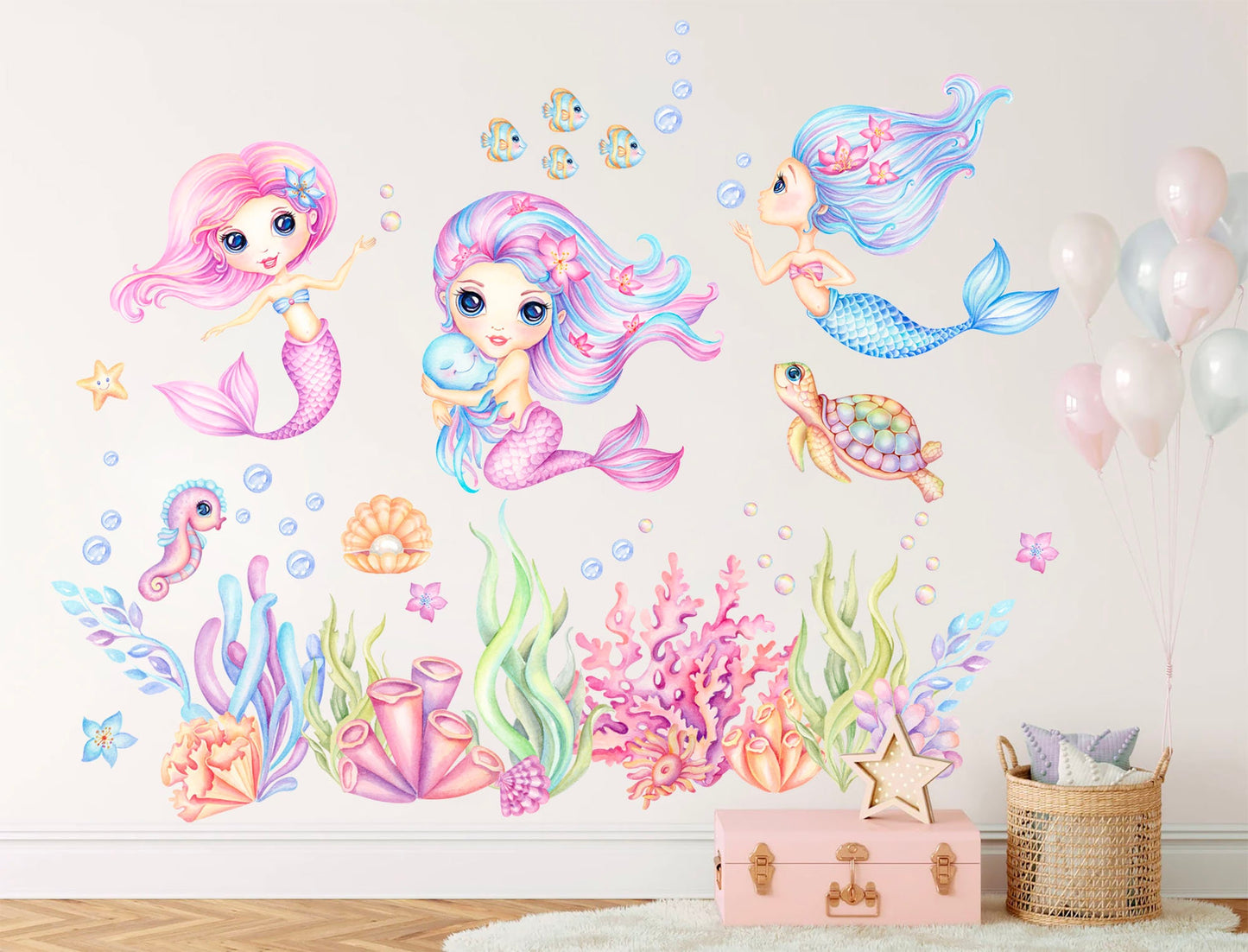 Mermaids Underwater Adventure Wall Decal - Seashells Coral Seahorse Turtle Jellyfish - Removable Peel and Stick - BR390