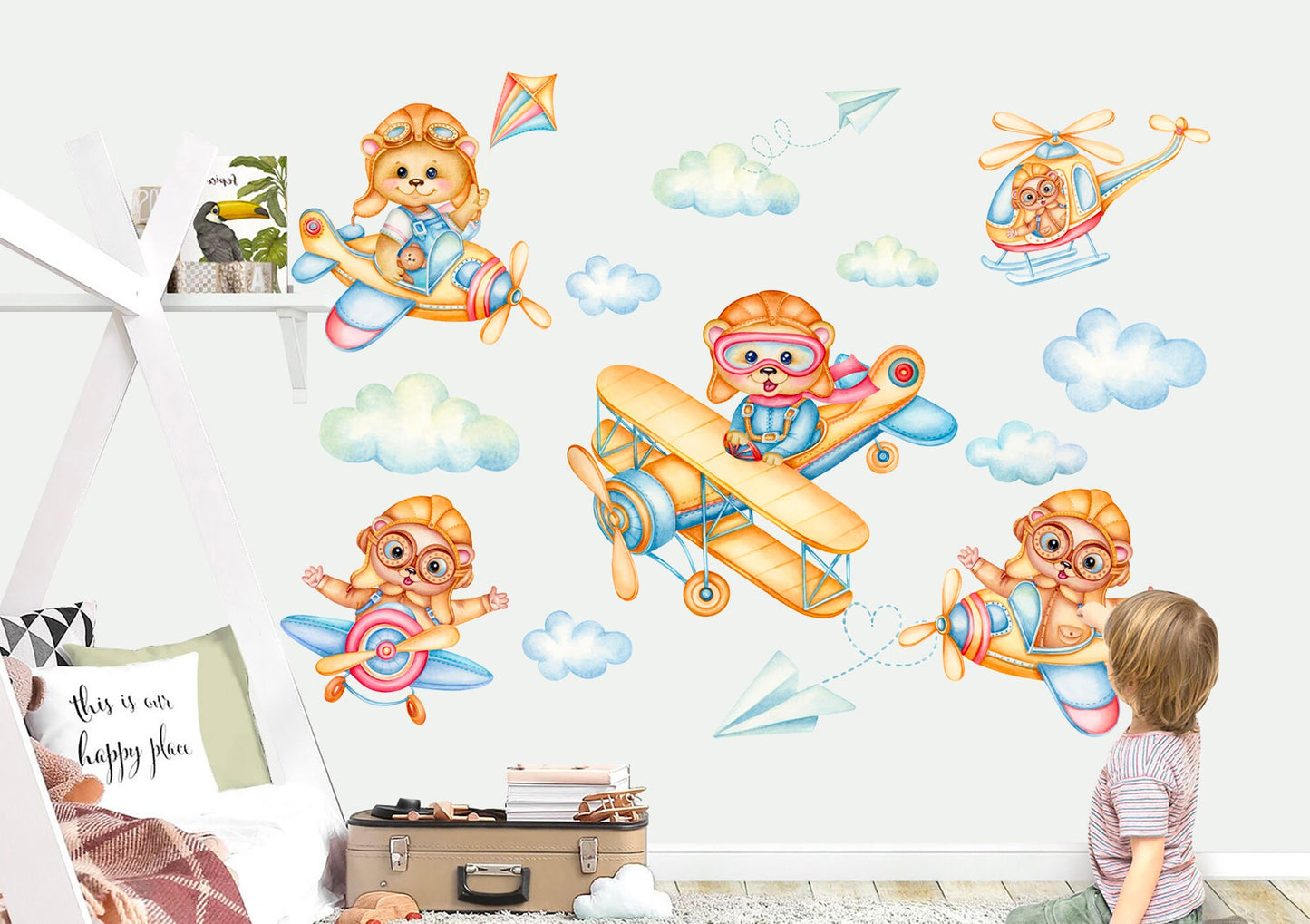 Flying Squirrels in Aviator Helmets Sky Adventure Wall Decal - Airplane Helicopter Sky World - BR391
