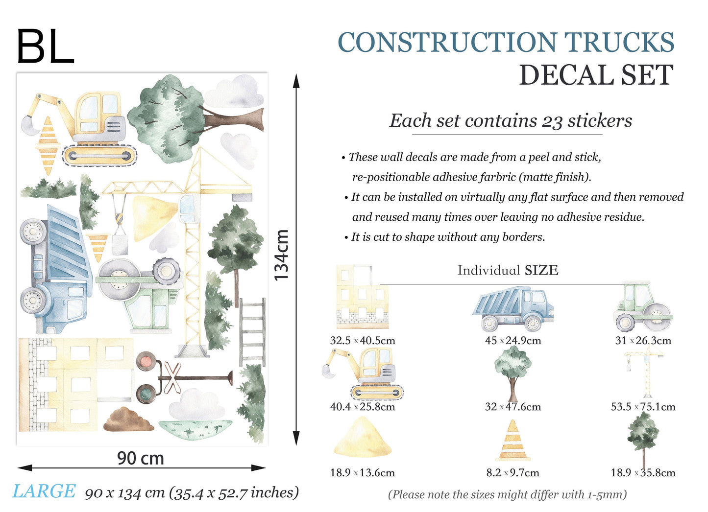 Country Style Construction Trucks Tractors Diggers Removable Wall Decal Boys Room Gift - BR097