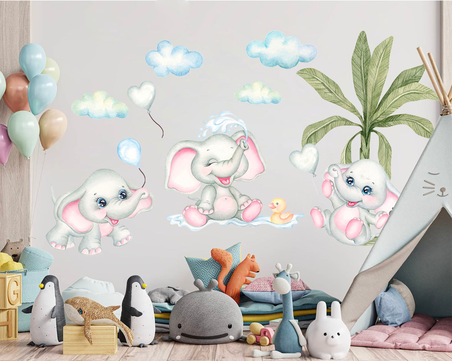 Baby Elephants Playing with Balloons and Water under Coconut Tree Removable Nursery Wall Decal - BR393